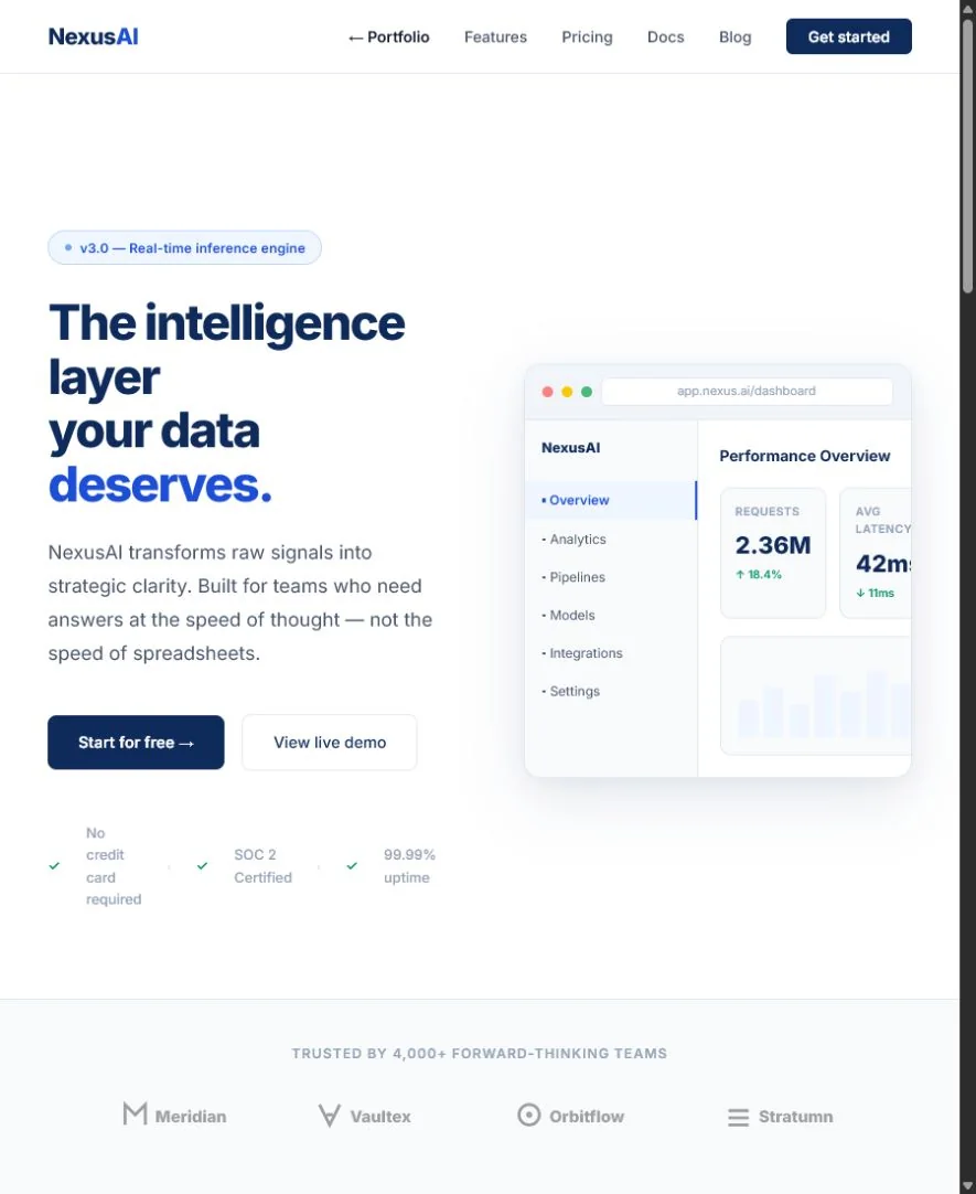 NexusAI enterprise intelligence homepage concept with analytics dashboard interface