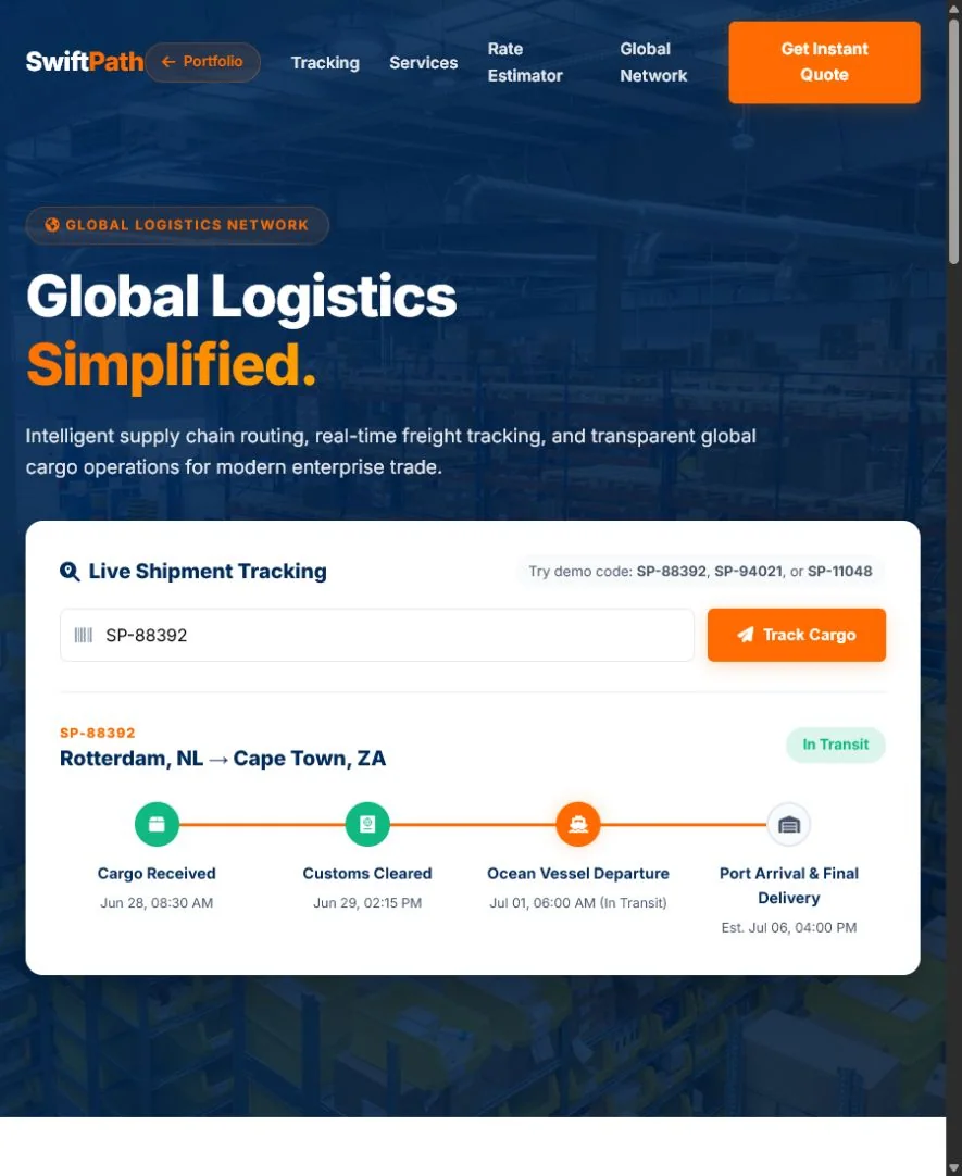 SwiftPath Logistics homepage concept with global freight tracking interface