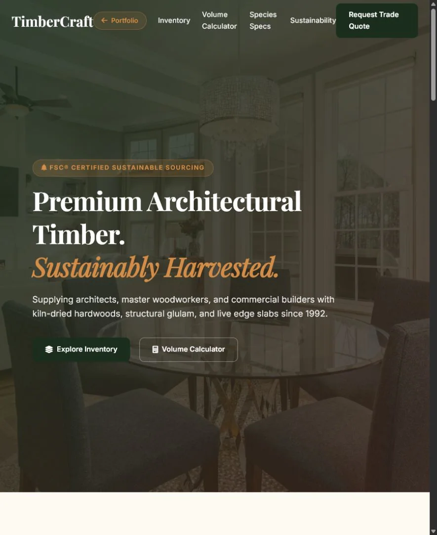 TimberCraft Wholesale homepage concept for sustainable architectural timber